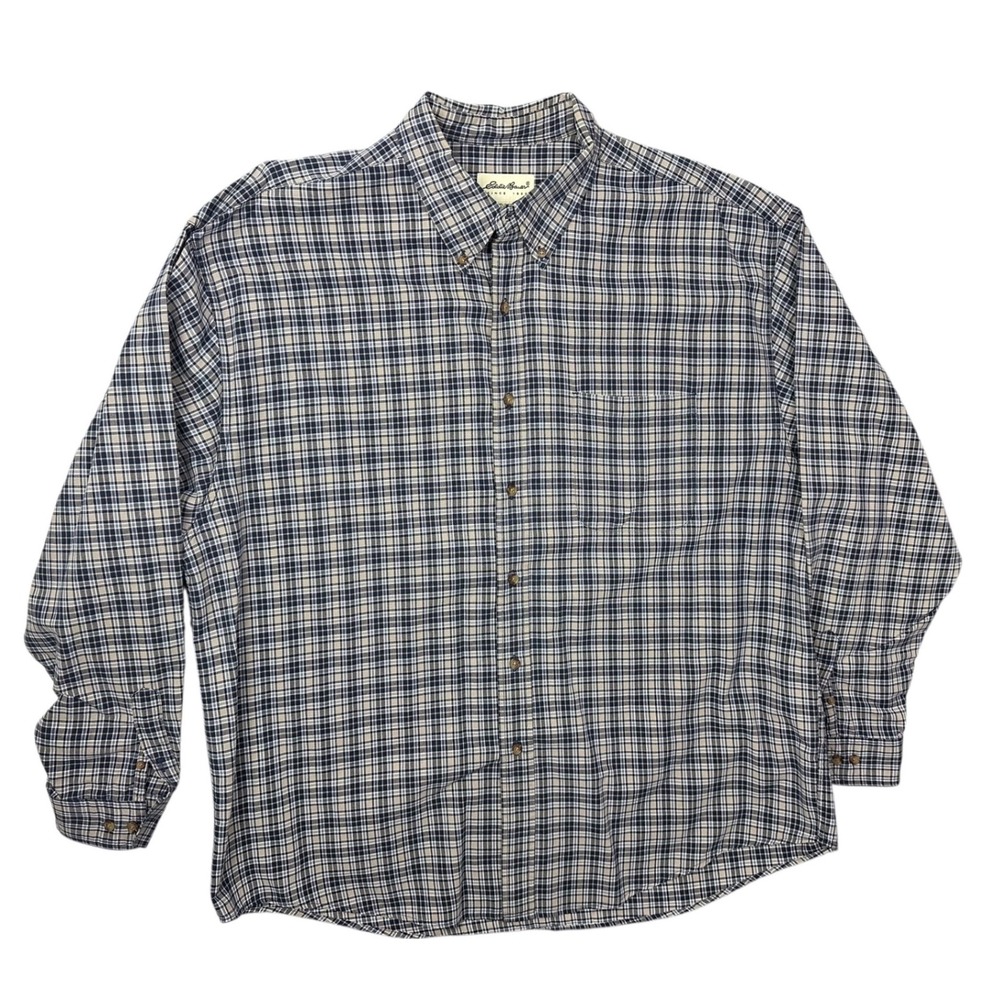 Eddie Bauer Mens XXL Plaid Button Down Shirt Navy Blue Tan Cotton Long Sleeve